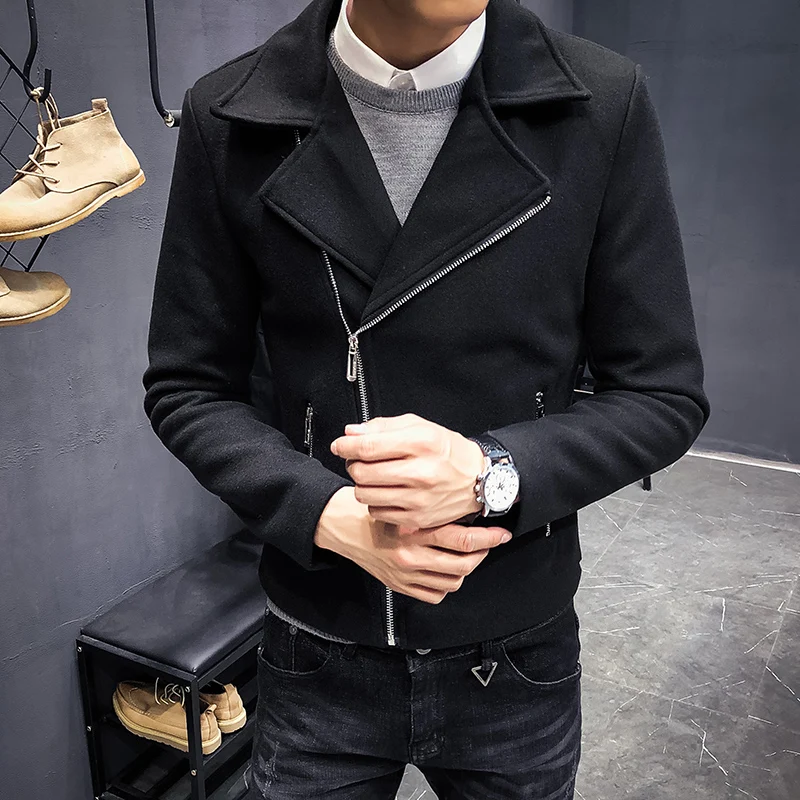 

MYAZHOU 2019 new hot men's wool coat , fashion diagonal zipper men's short wool jacket , Korean casual men's slim outer clothing