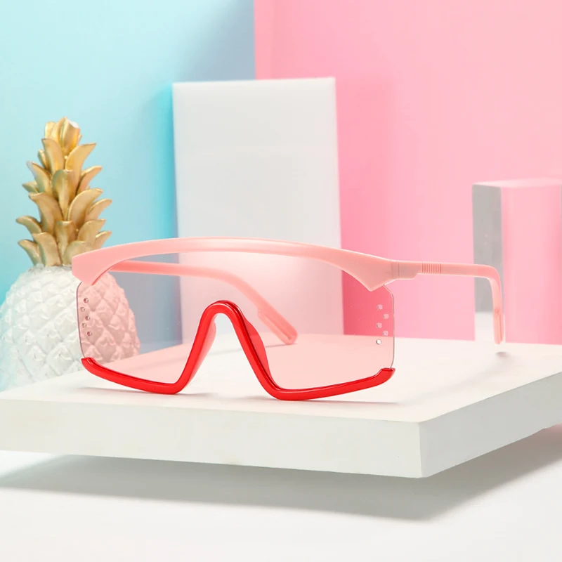 YOK'S Women Pink Oversized Conjoined Sunglasses Vintage Square Semi-Rimless Tint Ocean Lens Flat Top Goggles Sun Glasses WN1298 |