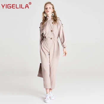 

YIGELILA Latest Women Pink Plaid Jumpsuit Fashion Casual Stand Neck Long Sleeve Empire Slim Full Length Jumpsuit 5533