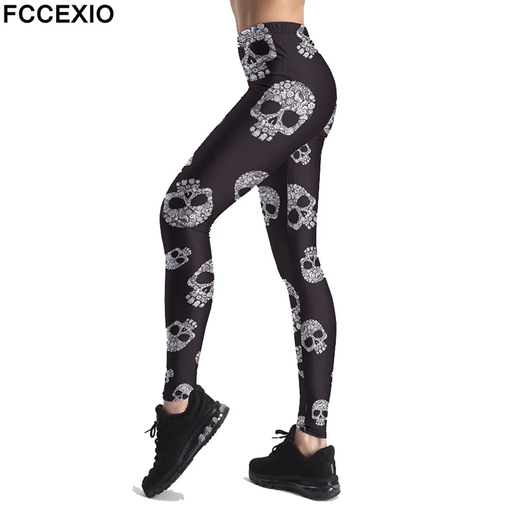 

FCCEXO Wholesale 3D Printed High Elasticity Women Legging Skull Pattern Black Fitness Leggings Fashion High Waist Woman Pants