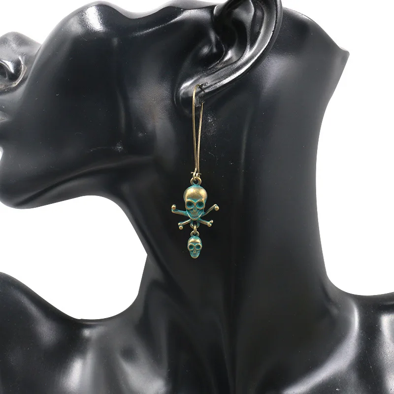 Древние зеленые крутые серьги-кольца с двойной подвеской в виде скелета для женщин в стиле бохо, этнические серьги-каффы в стиле хип-хоп, серьги-кольца, ювелирные изделия