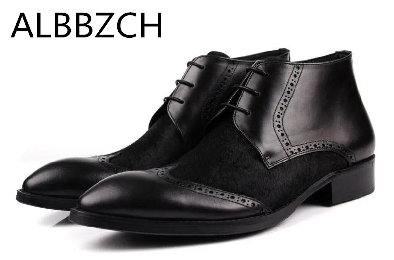 

New mens genuine leather boots shoes men pointed toe lace real cow leather horse hair patchwork design business dress work boots