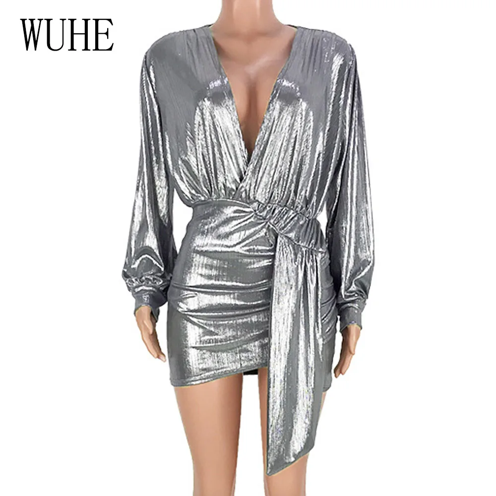 WUHE Bronzing Luxury Ribbed Solid Color Irregular Dress Women Puff Sleeve Deep V Neck Ruched Bandage Club Party Dresses Robe