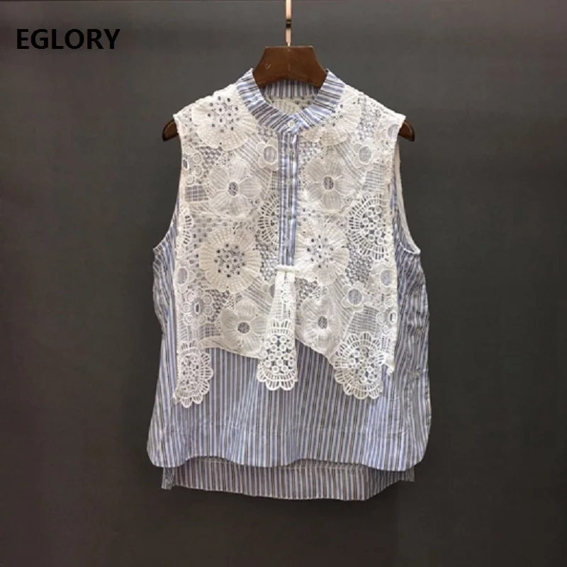 

100%Cotton Tops Shirt 2019 Summer Fashion Blouse Women White Lace Patchwork Sleeveless Blue Striped Shirt Blusas Feminino