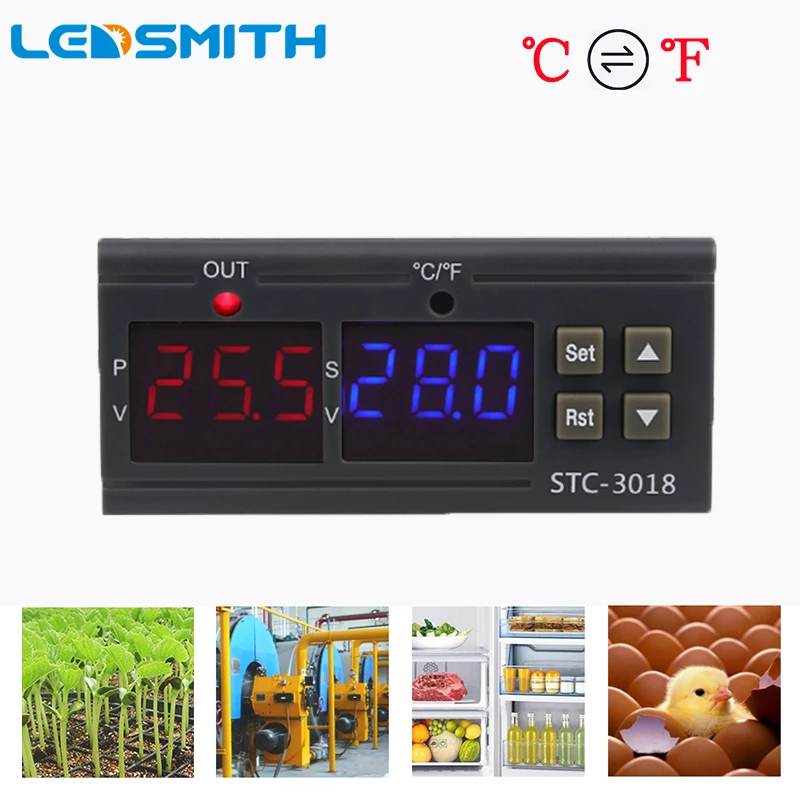 

STC-3018 Digital Temperature Controller C/F Thermostat 12V 24V 220V 10A Relay Heating Cooling Switch Regulator For Incubator