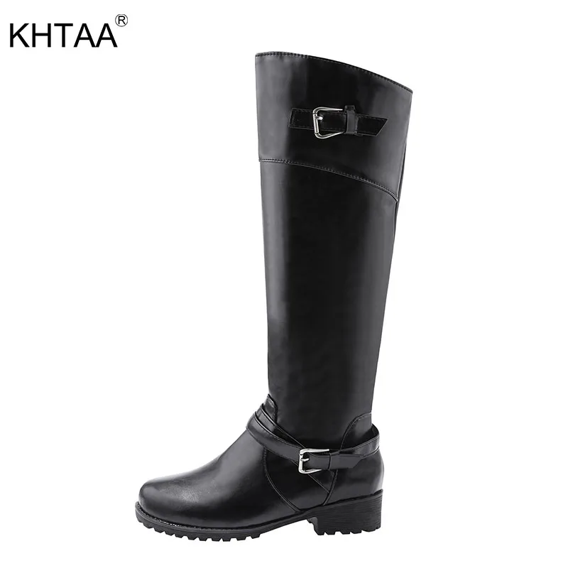 

2018 New Knee High Motorcycle Boot Women Metal Buckle Strap Zip Low Heel Riding Boot Female Retro Rome Solid PU Shoes Lady