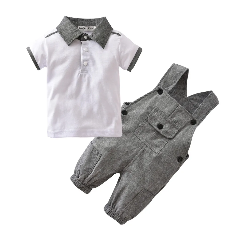 Высокое качество Летняя Одежда для маленьких мальчиков комплект Костюм Джентльмена 2 шт.: комбинезон+ короткий рукав футболка комплект одежды для детей Детский костюм