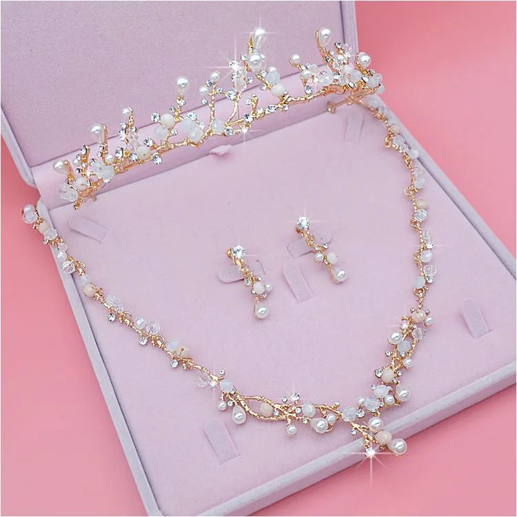 Bridal Jewelry Set Rhinestone Crystal Gold Tiara Silver Crown Earrings for Wedding Necklace Set Accessories Bride Luxury Jewelry (2)