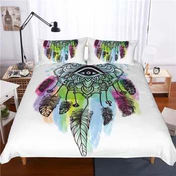 

Quilt Cover+Pillowcase 3pc Bedclothes Dreamcatcher bedding set king size Feathers Print duvet cover set queen