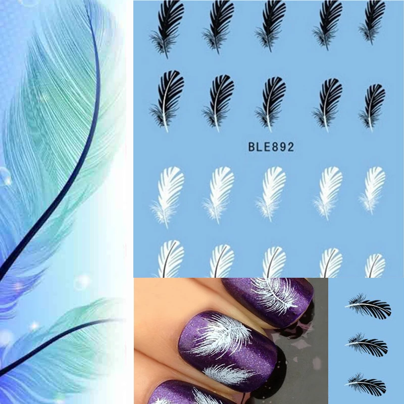 20pcs/sheet Black White Feather Nail Art Decals Water Transfer Stickers