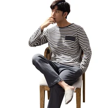 Мужская пижама осень-зима Мужская одежда для сна хлопчатобумажные теплые свитера с длинным рукавом мужская домашняя кофта с круглым горлом, одежда для сна, пижамы, комплект в полоску плюс Размеры Для мужчин домашние пижамы