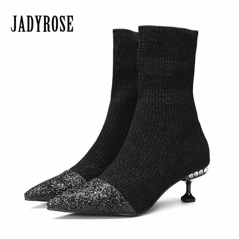 

Jady Rose Black Women Elastic Stretch Ankle Boots Pointed Toe High Heels Paillette Knit Sock Botas Mujer Winter Warm Boot