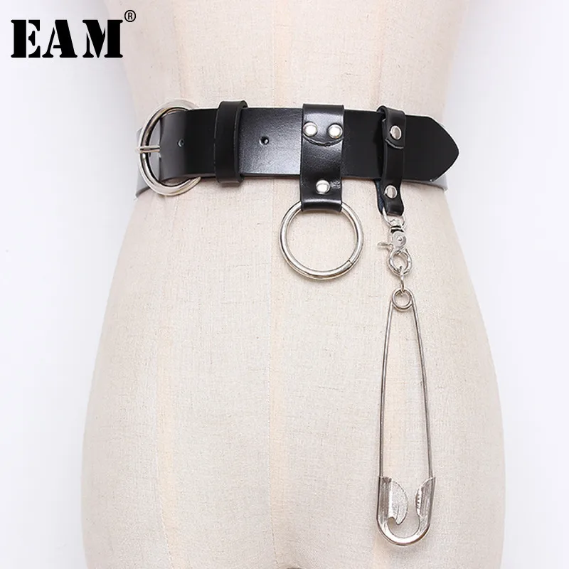 

[EAM] 2019 Spring Summer Woman Stylish Black Color Spliced Sliver Pendant Ring Belt Buckle PU Leather Waistband Long Belt LD0327