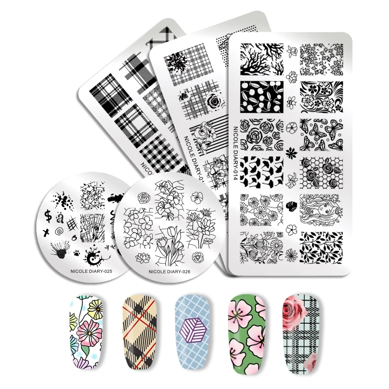 

NICOLE DIARY Nail Stamping Plates Flower Grid Plaid Geometric Overprint Winter Printing Stencil Nail Template Stencils