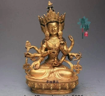 

Tibet Copper 24K Gold Gild Three Head Eight Arm Kwan-yin Guanyin Buddha Statue