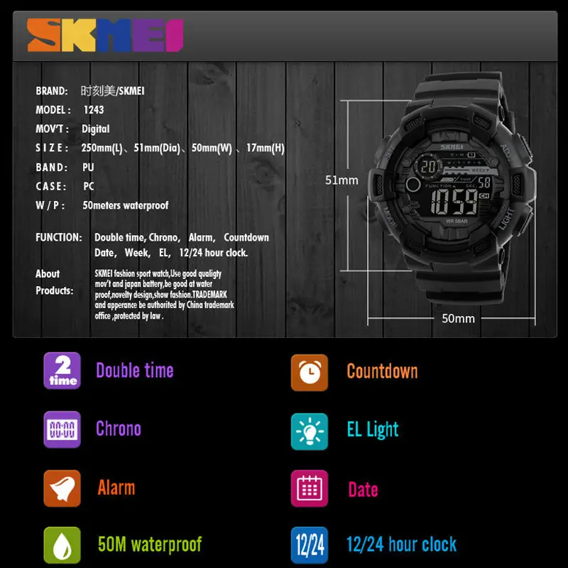 SKMEI Men Sports Digital Watch 50M Waterproof Back Light LED Digital Watches Chronograph Shock Double Time Wristwatches 1243