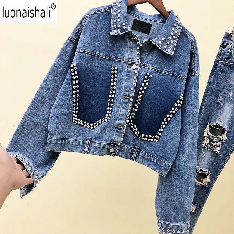 2018 Court Nouveau Rivet Bf Femelle Automne Clouté De Top Femmes Outwear Harajuku Blue Casual Veste Denim Manteaux Lâche Étudiants OOqdr