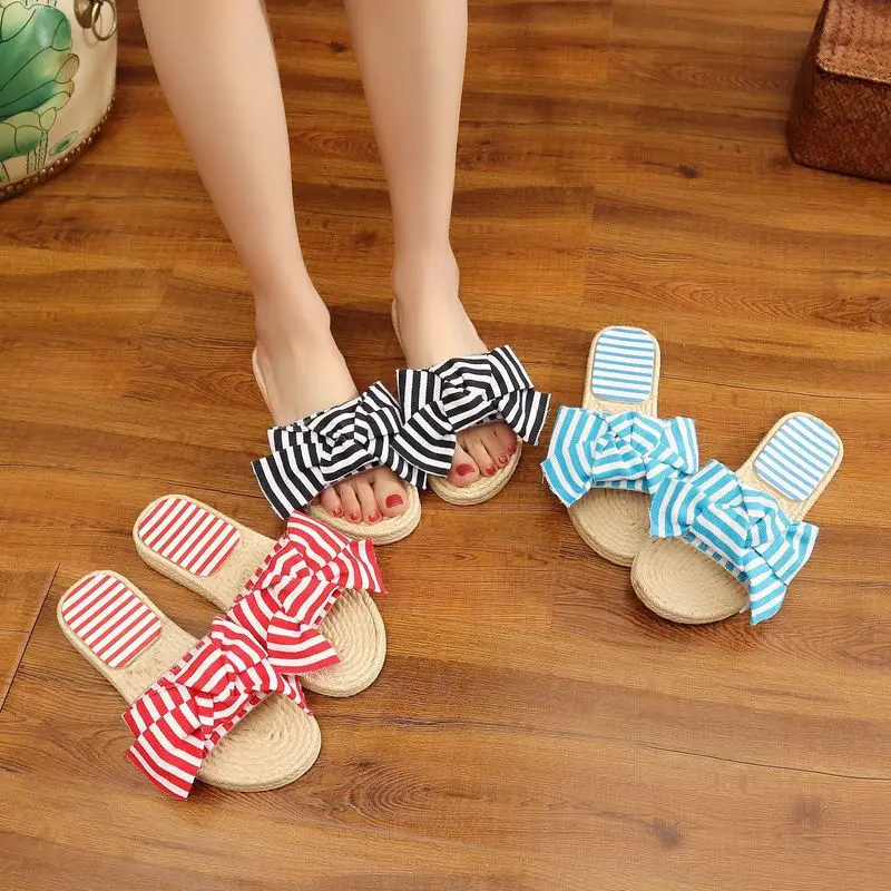 

New 2018 Bow-tie Slipper Stripe Straw Weaved Slippers