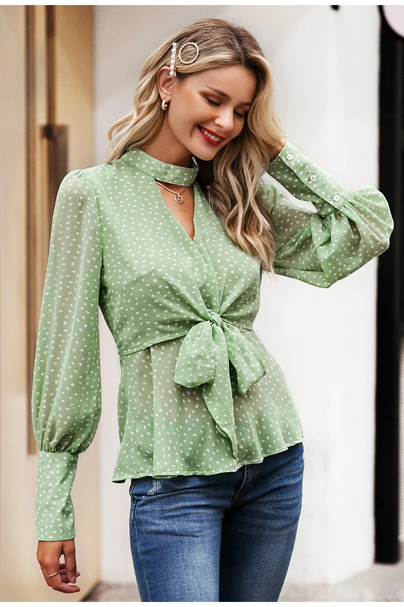 Simplee Vintage dot print v-neck women chiffon blouse shirt Bow tie high waist peplum tops Puff sleeve female tops blouse shirt