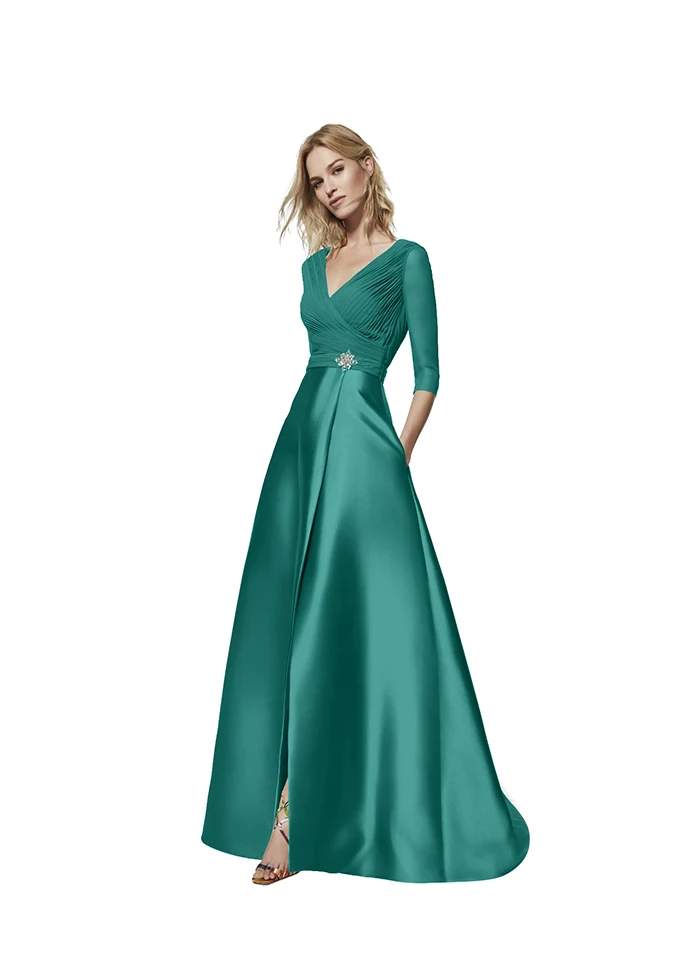 Зеленое Макси-платье с длинным рукавом, с v-образным вырезом, без спинки, с разрезом спереди, элегантные вечерние, с бисером, в пол, платье Robe De Soiree - Цвет: Army green