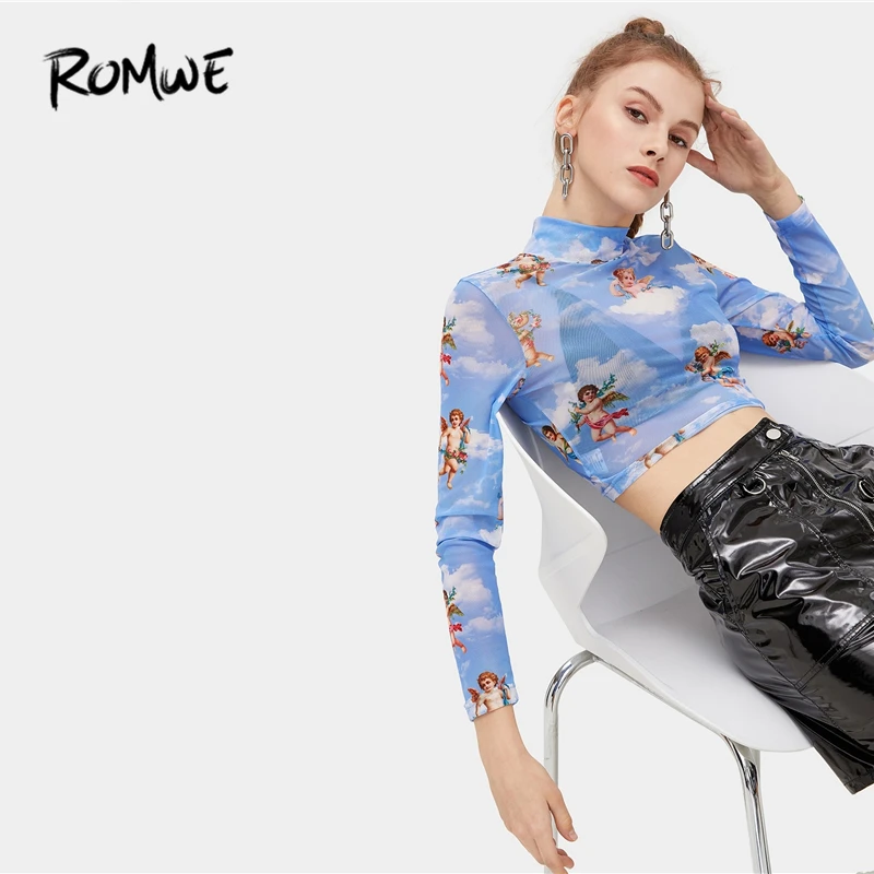 

ROMWE Angel Print Crop Tee Stand Collar Long Sleeve Casual T Shirt 2019 Blue Women Fashion Design Spring Autumn T-Shirt