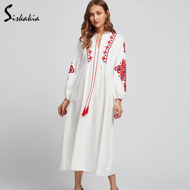 

Siskakia White ethnic pattern Embroidery dress tassel lace up collar Autumn dress casual comfortable casual Flare Sleeve