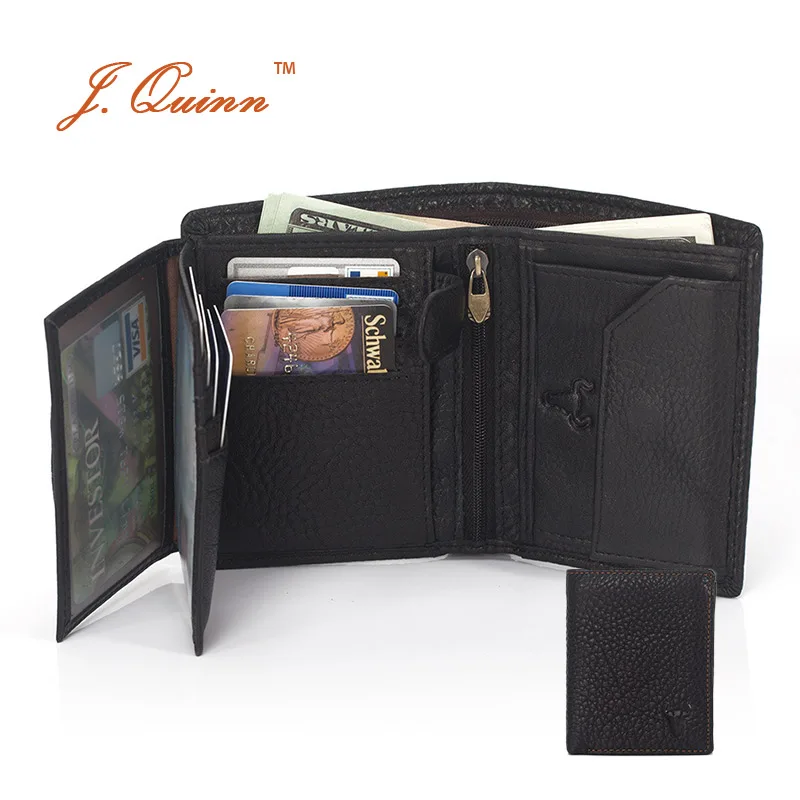 

J.Quinn Hisper Enough ID Card Coin Wallet with Dual Zipper Pocket Genuine Leather Men's Wallets Business Bill Short Mens Purses