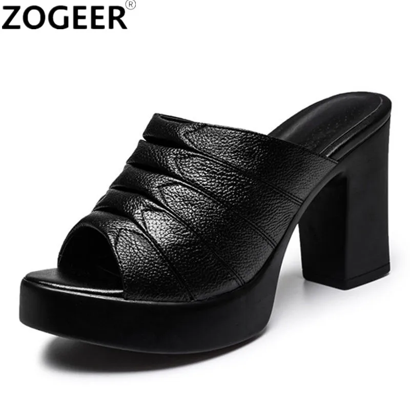 

2019 Summer Genuine Leather Women Slipper Platform High Heels Peep toe Sandals Elegant Flip Flops Black White Ladies Shoes
