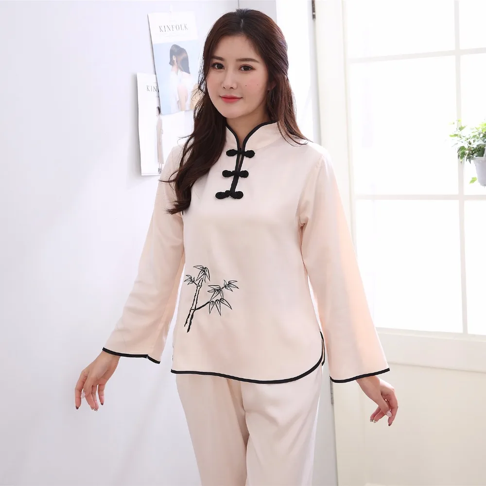 2019 Новый бежевый для женщин вышивка пижамный комплект китайский стиль винтаж Пижама на пуговицах костюм шт. 2 шт. атласные пижамы ночное M, L