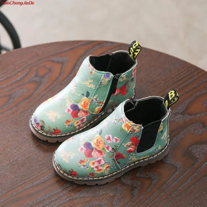 

Girls Boots Autumn Winter PU Leather Waterproof Kid Boots Shoes Zip Rome Flower Little Girl Martin Boots Fashion Baby Boots