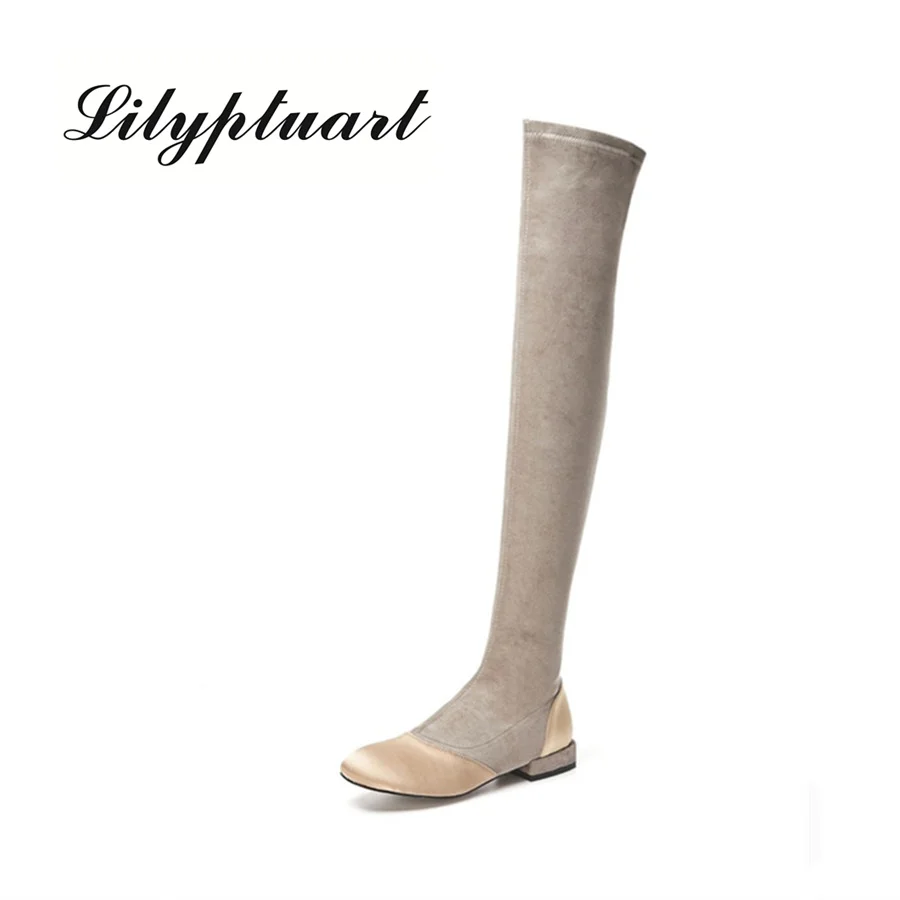 

2019 European and American style stretch cloth set foot fashion boots square head low low heel knee winter boots women