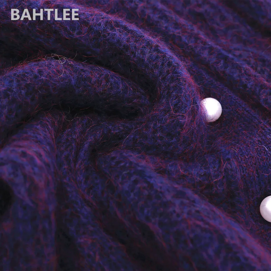 BAHTLEE осенне-зимний женский топ из мохера, вязаный кардиган, свитер с длинными рукавами-фонариками, жемчужными пуговицами и v-образным вырезом, четыре цвета