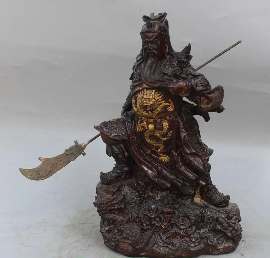

3186 14 "Chinesische Bronzevergoldung 9 Drachen GuanGong Guan Gong Yu Halten Schwert Messer Statue
