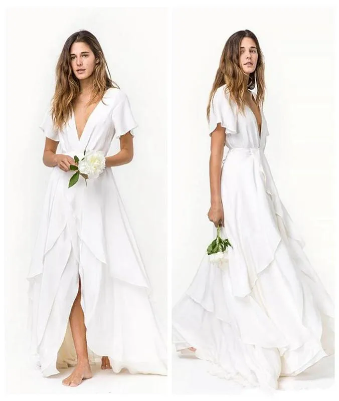 

Slits Skirts Romantic Beach bohemian Wedding Dresses Cheap Short Sleeves Deep V Neck Layered Train Silk Chiffon Bridal Gown