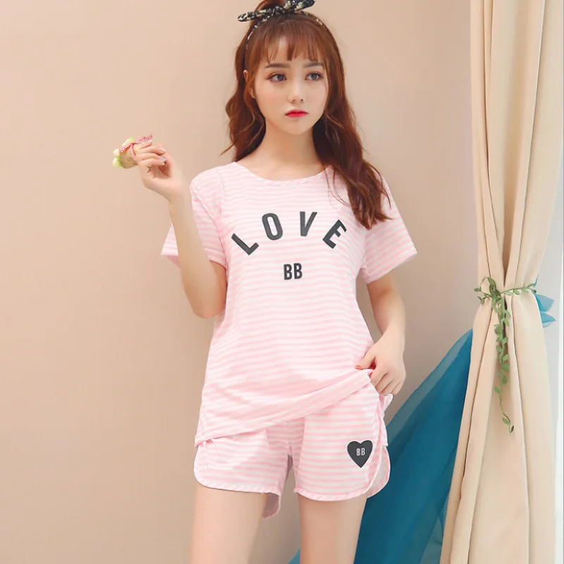 

Womens Pajams Sets Sweet Girl Fashion Triped Printed Lace Pajamas Set Short Sleeve Cute Women Pyjamas Set Home Wear Clothing Pj