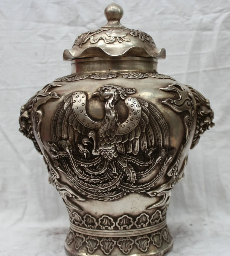 

USPS to USA S2354 12" Marked Chinese Silver Phoenix Lion Statue 8 Auspicious Symbol Vase Jar Pot B0401