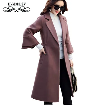 

HVMODLZV Winter Woman Woolen Coat Long Section of Pure Color Seven Horn sleeve Women Wool Woolen Coat Sobretudo feminino LJ257