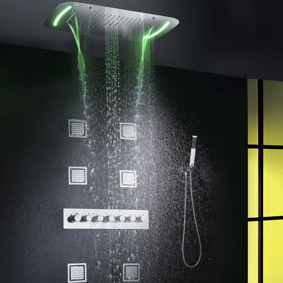 Bathroom Rain Shower Faucet Set Waterfall Bath Mixer Shower Panel Ceiling LED Shower Head Thermostatic Bath & Shower System