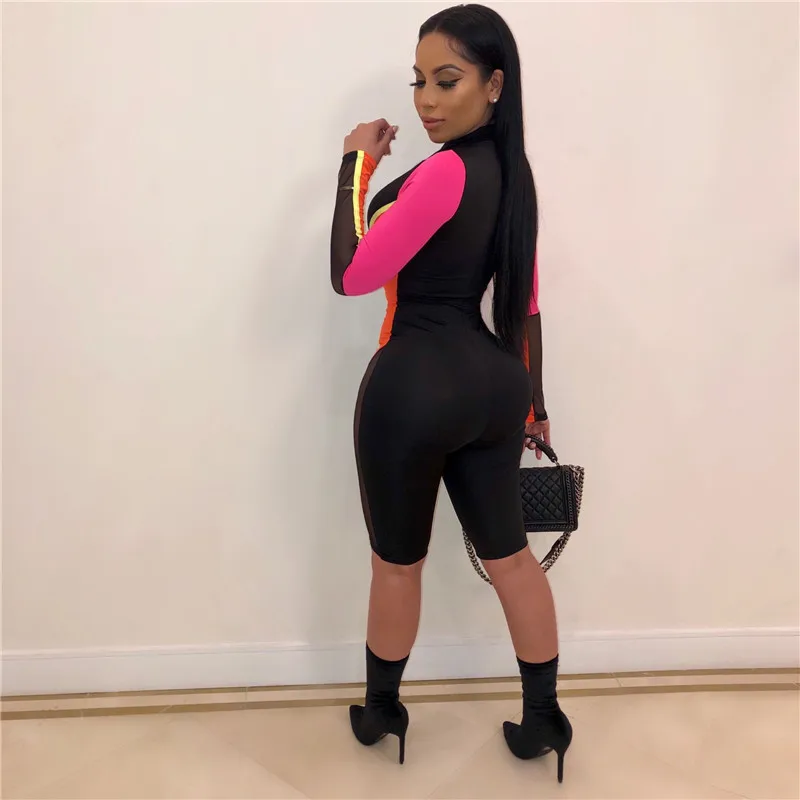 New S-3XL Color Patchwork Sheer Mesh Bandage Jumpsuit Women Sexy Zipper V Neck Long Sleeve Shorts Romper Night Club Playsuit New S-3XL Color Patchwork Sheer Mesh Bandage Jumpsuit Women Sexy Zipper V Neck Long Sleeve Shorts Romper Night Club Playsuit