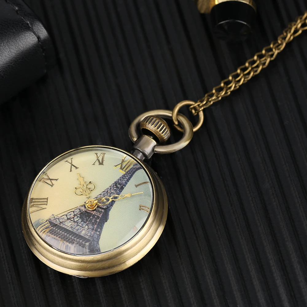 YISUYA Antique Eiffel Tower Dial Pocket Watch Men Theme Fashion Pocketwatch Kid Gift Skull Punk Open Face Quartz Watch Best Gift (9)