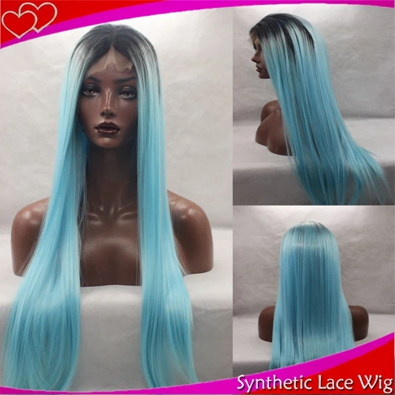 

28inch Long Straight Ombre Back To Light Blue Heat Resistant Hair Wigs Two Tone Synthetic Lace Front Wigs Black Woman