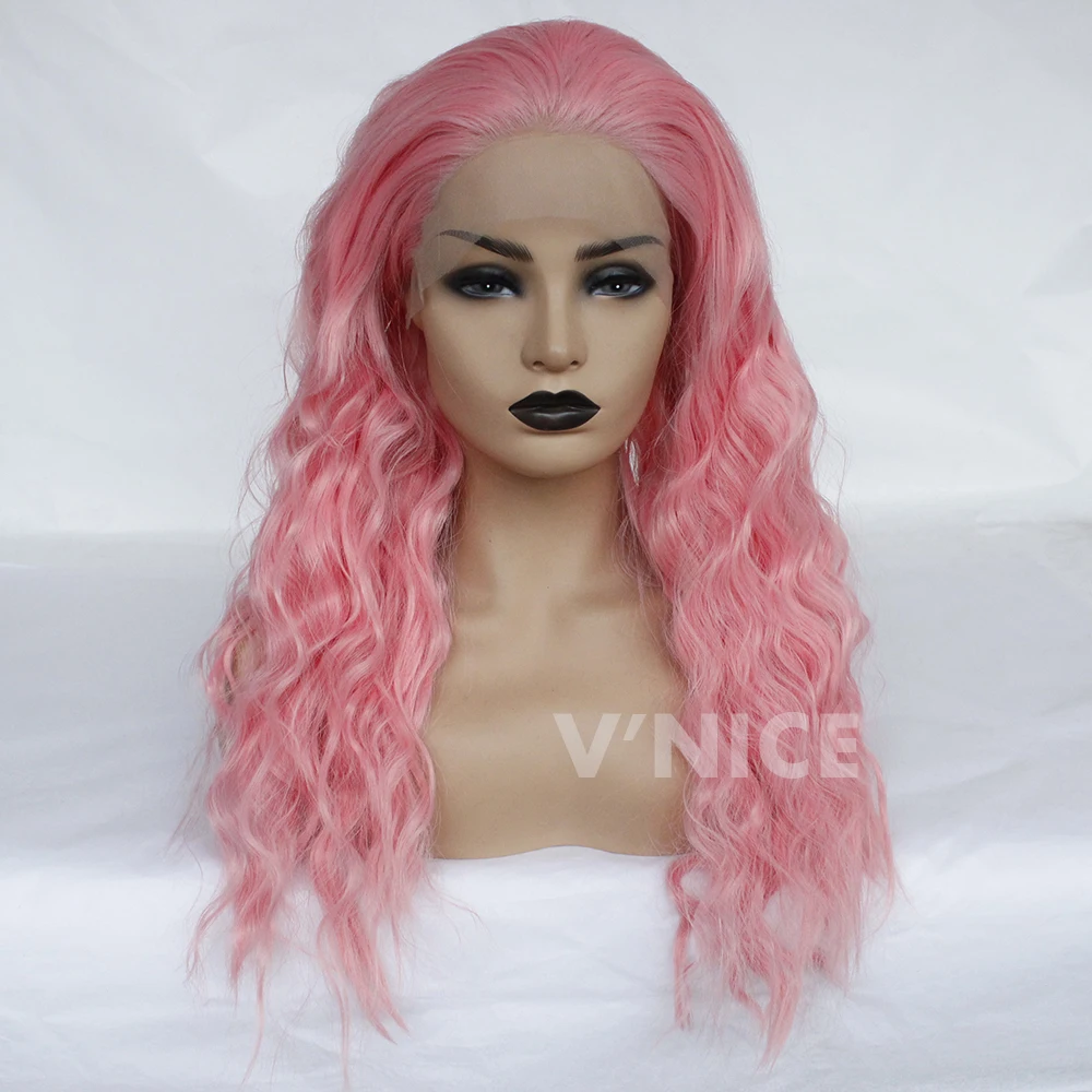 Wavy Hair Wig Lace Front Wigs with Natural Hairline Pink Color High Temperature Fiber Synthetic Wig for Women-A