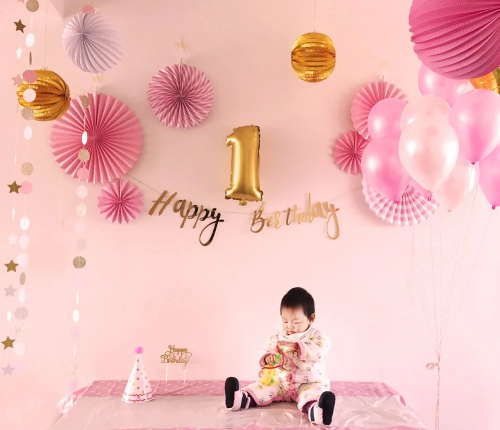 Pink Princess Baby Shower Party Decorations Happy Birthday Party Decoration Kids Paper pom pom