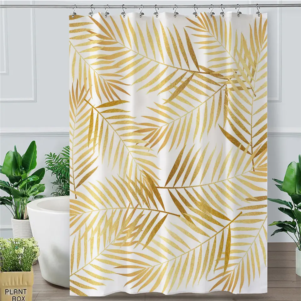 

BlessLiving Golden Leaf Shower Curtain Tropical Botanic Waterproof Bathroom Curtain With Hooks Modern Palm Leaves douche gordijn