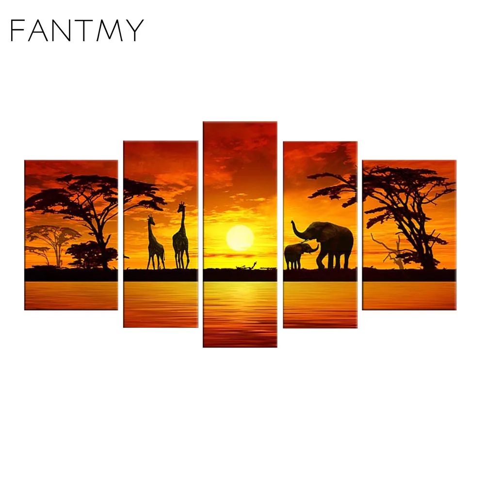 FANTMY Unframed African Animals Elephant Giraffe hand painted canvas oil paintings Pictures by