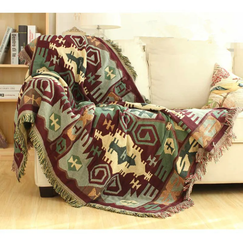 

Cotton thread American style bohemian plaid throw single/double size thicken red sofa leisure blanket bedspread free shipping