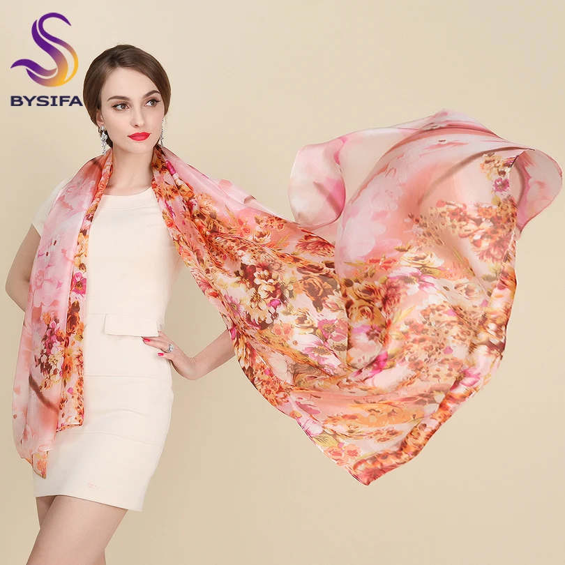 [BYSIFA] Zimní dámské dlouhé šátky 2016 nový květinový vzor růžový čistý hedvábný šátek 200 * 110 cm 100% hedvábné letní plážové šály šátek