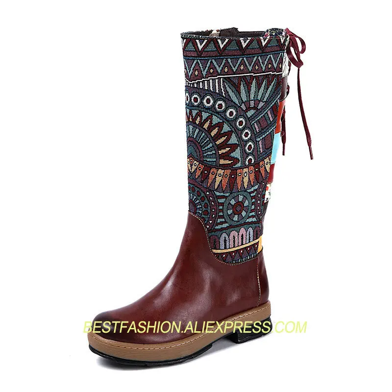 

New shoes woman winter Cow Leather Boots Mid-Calf Med Heel Boots Retro Embroider Women Boots Bohemia Charm Boots