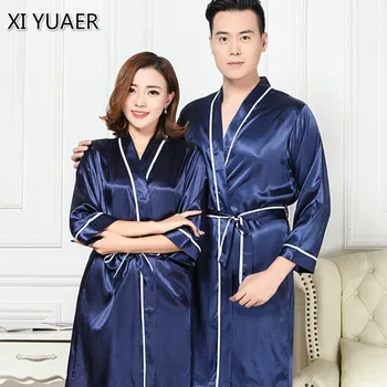 

2020 Spring Autumn Couple Bathrobe Imitation Silk Quality Long Gown Sleepwear Men & Women Long Sleeve Kimono Bath Robe Nightwear