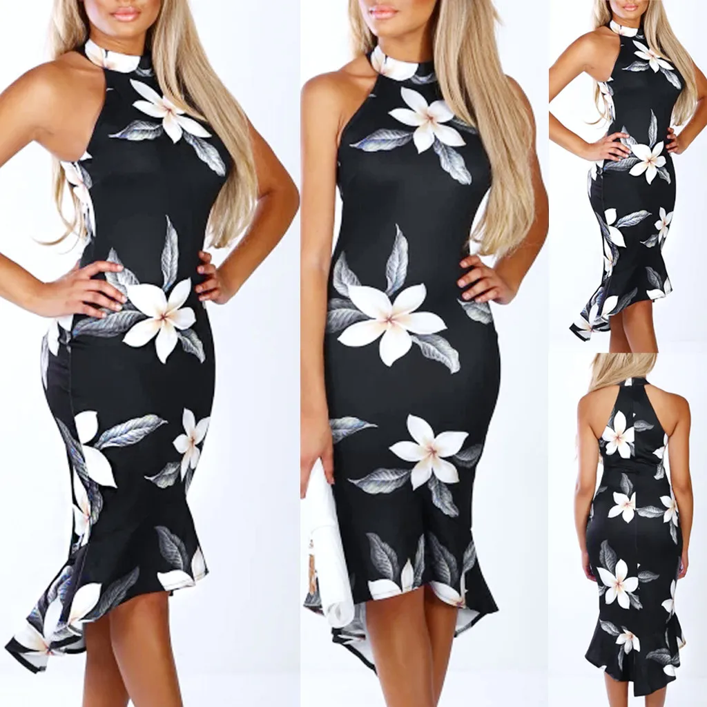 

2019 Summer Ladies zip Print Dress Women Off Shouder Blooming Babe Floral Dip Hem Party Evening Bodycon Midi Dress #C